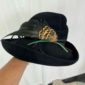 Rare Philippe Model Paris Vintage Womens Feathered Fedora Felt Hat Black